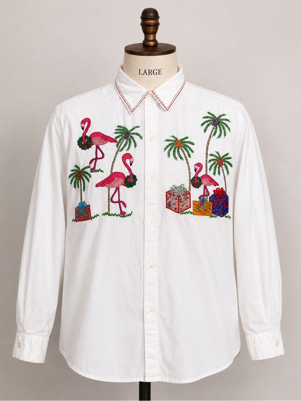 Vintage Flamingo Tropical Christmas Embroidered Button Shirt L